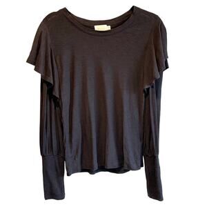 Nation LTD Black Pima Cotton Long Sleeve Tee with Ruffles - size Small